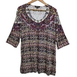 Ulla Popken Top Women 16 18 Burgandy Ivory Floral Short Slv Pullover Boho Casual